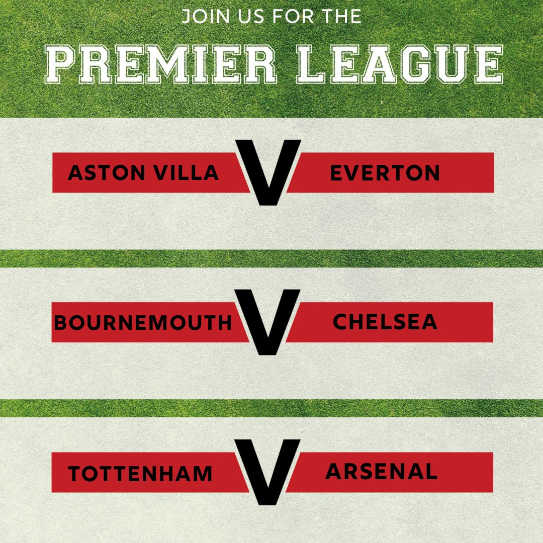 ⚽️ THIS WEEKEND ⚽️

ASTON VILLA v EVERTON 
Saturday - 17:30 KO 

BOURNEMOUTH v CHELSEA 
Saturday - 20:00 KO 

TOTTENHAM v ARSENAL 
Sunday - 14:00 KO 

Link in bio to book your table now! 🔗