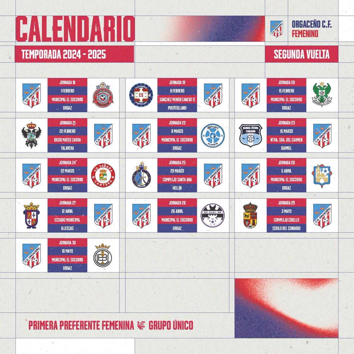 📅¡Calendario oficial de la temporada 2024/2025 del equipo femenino!

📂Guarda esta publicación para poder consultarla siempre que quieras.

¡Contando los días para que llegue Octubre!

#AupaOrgaceño