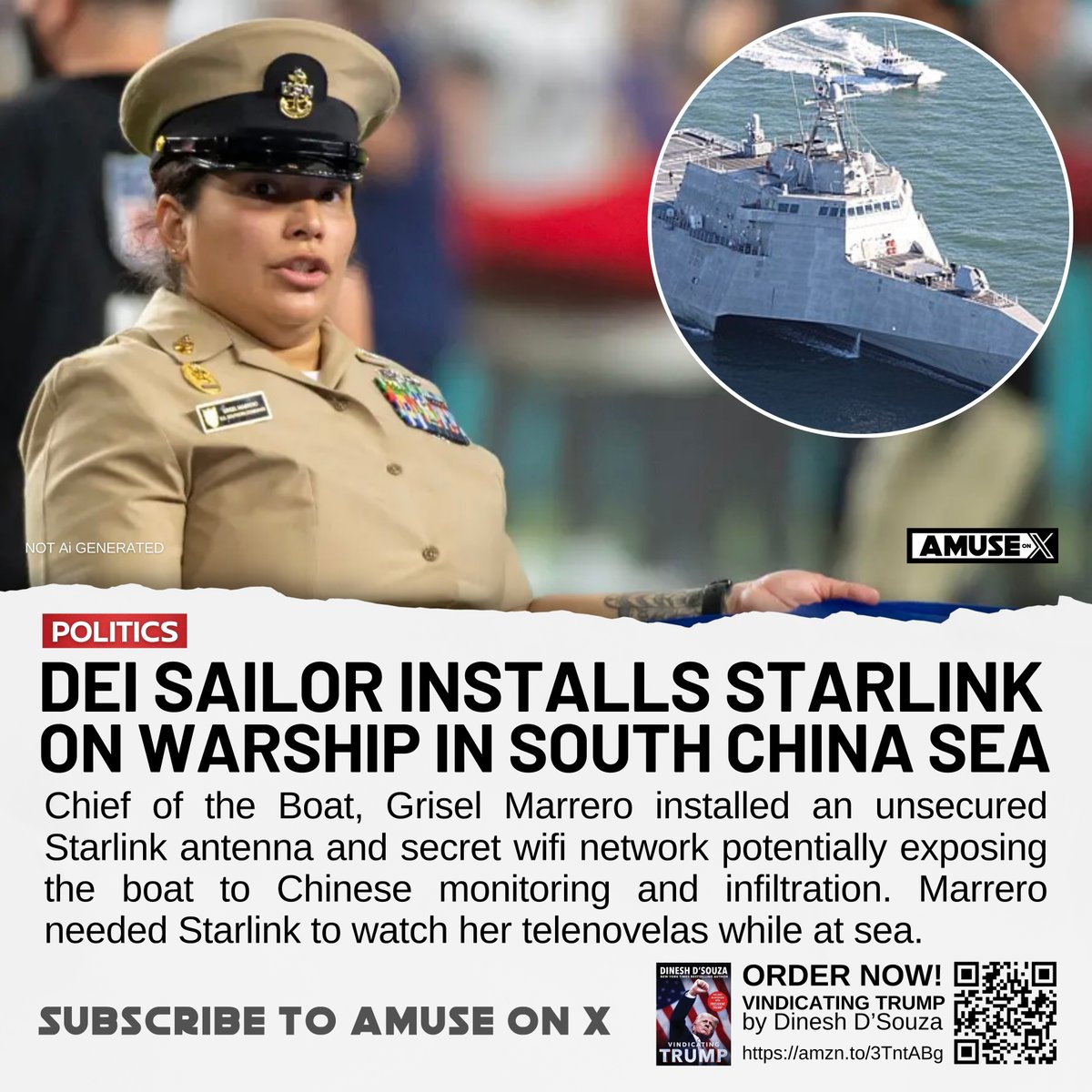 amuse's tweet photo. DIE: The Chief of the Boat of the USS Manchester currently deployed in the South China Sea installed an illegal Starlink antenna and secret wifi network so she could watch her favorite telenovelas. When she was caught she lied to her commanding officer and the admiral not once but three times forcing an official NCIS investigation to be conducted. The antenna and network potentially allowed the Chinese Navy to track the ship and penetrate its classified Combat Information Systems.

Despite putting the entire crew of the Manchester at risk AND lying to her commanding officer Command Senior Chief Petty Officer Grisel Marrero was not given any prison time nor was she separated from the Navy - instead she was demoted to Chief Petty Officer and reassigned. Marrero was recruited and promoted BECAUSE of her racial and cultural identity to meet the diversity, equity, and inclusion goals of the Navy. As a result, her command did not believe they could separate her from the Navy much less sentence her to prison. 

Like, reply, and subscribe if you’re as concerned as I am about DEI recruiting and promotion in the US Armed Forces.
