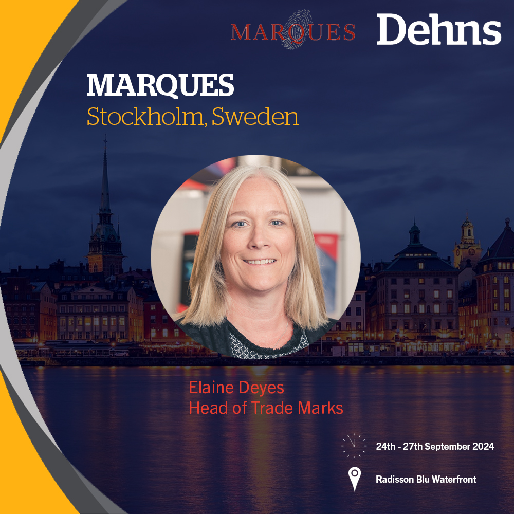 Dehns_IP's tweet photo. Dehns’ Head of Trade Marks, Elaine Deyes, is heading to Stockholm in a couple of weeks to attend the MARQUES 38th Annual Conference. To organise a meeting with Elaine during the conference, click here: https://t.co/MxLGsht1U4 https://t.co/VF7Vnp3kHZ