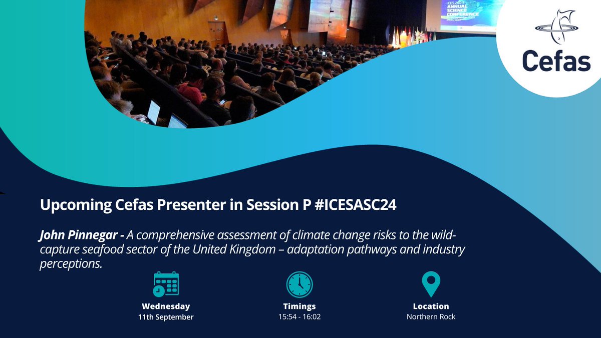 CefasGovUK's tweet photo. Catch Cefas’ John Pinnegar in Session P #ICESASC24 🌊Hear about the updated climate change adaptation report for the UK seafood industry which has been expanded to include new areas such as vessel safety, onshore facilities, supply chains and industry perceptions 🐟#CefasScience https://t.co/r9P9v5zqQ8
