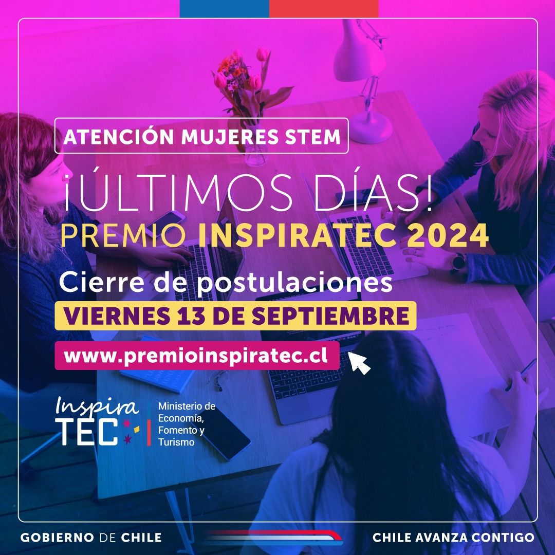 ¡Ampliamos el plazo!  #PremioInspiraTEC2024 
hasta el 13 de septiembre.

#PremioInspiraTEC2024 destaca el trabajo de niñas y mujeres en las áreas STEM (Ciencia, Tecnología, Ingeniería y Matemática).
#JovenInspiradora, #EmprendimientoSTEM y #EmpresariaSTEM
 premioinspiratec.cl