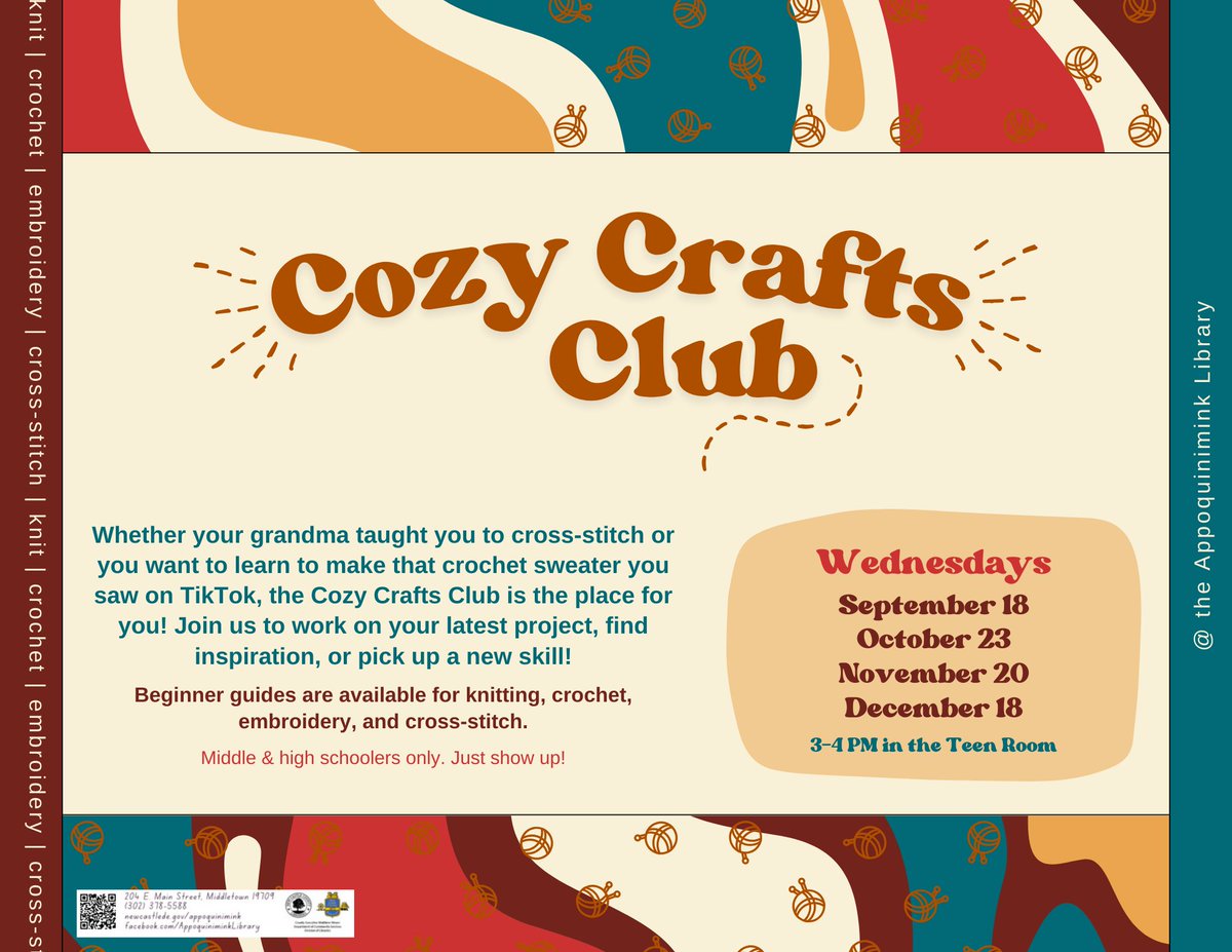 AppoLibrary's tweet image. Cozy Crafts Club! Middle and High School Students only. Tomorrow, 3-4pm Join us in the Teen Room to work on your latest project, share tips and inspiration, and just chill with other crafters. All skill levels welcome. Beginner guides and materials will be available for anyone.