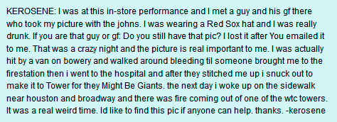 23 years ago, a guy known only as "kerosene" went to a they might be giants concert and had a really crazy 24 hours