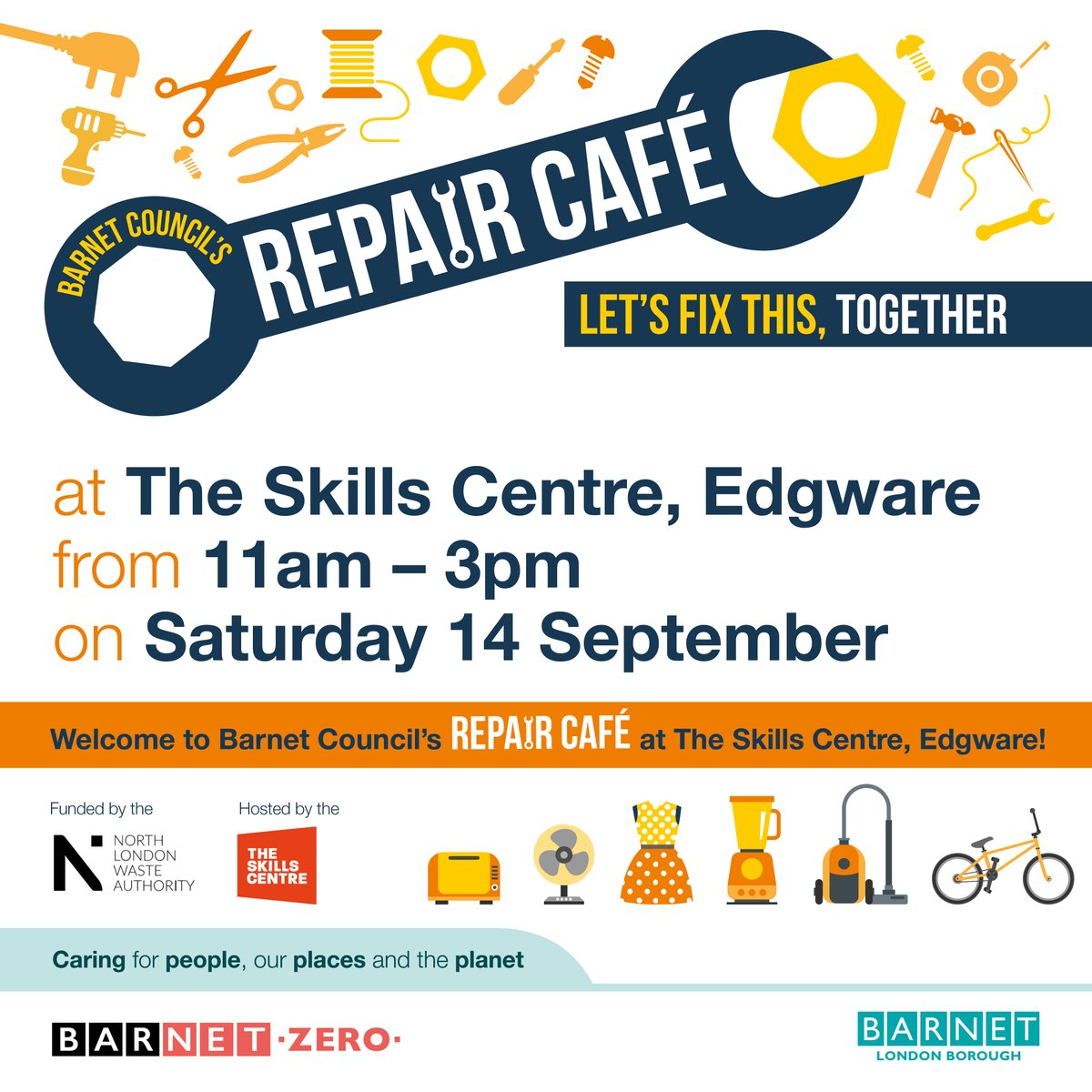 BarnetCouncil's tweet image. Join us at Barnet Council&apos;s Edgware Repair Café! 🌍 

Let&apos;s help to make your items last longer and reduce waste! 

Sat, 14 Sept, 11am-3pm
The Skills Centre, 158 Station Rd, Edgware HA8 7AW

Book your FREE ticket: bit.ly/repair-barnet

#SustainableSeptember #BarNETZERO