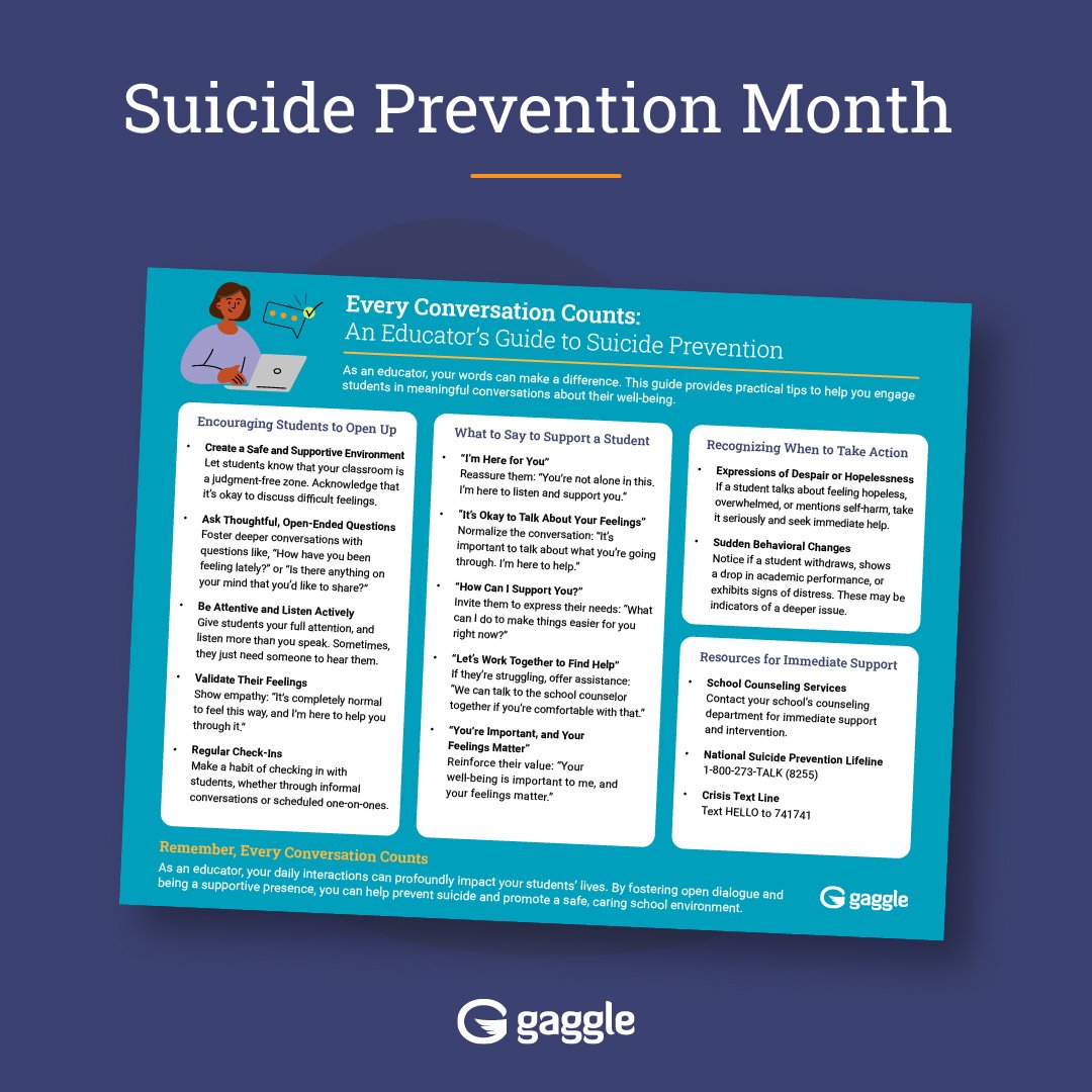🎗️In support of Suicide Prevention Month, we have created an educator’s guide to help foster meaningful conversations around student well-being. 💙
#EveryConversationCounts

🔗Download here: hubs.ly/Q02PkjTG0
#k12schools #suicideprevention #raisetheawareness #mentalhealth