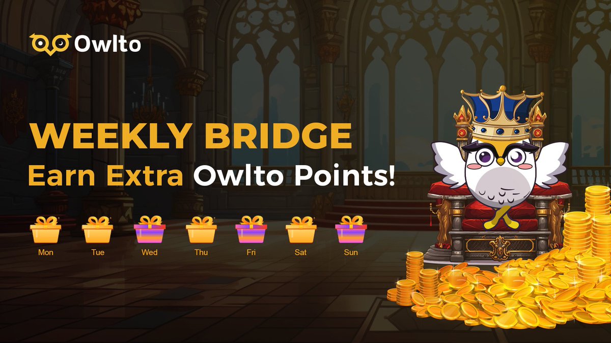🌟 Owlto Weekly Bridging 🌟

Each Weekly Cycle: UTC 12AM, Mon - Sun

The more days you bridge in a Week Cycle, the more Owlto PTS you will earn! 🎁

✅ Bridge each day to earn a fixed 20 PTS
✅ Bridge for 3/5/7 days in a week to win extra PTS

👉 owlto.finance