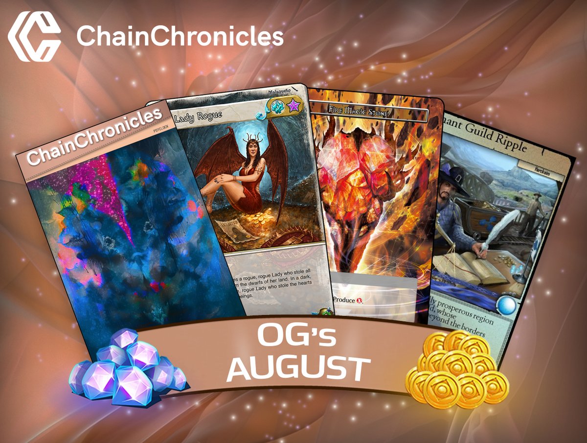 OG's PACK: August Reveal!👀

🃏 10 x Artwork «Psyclock»
🃏 10 x New <a href="/SpellsofGenesis/">Spells of Genesis</a> Card «SOGCQUEEN»
🃏 1 x FWCFCFIREMAC (2016)
🃏 1 x RIPPLECARD (Vintage - 2015)
🃏 2 SoG Random Legendary Card

💎 1500 BCYM
💠 800 Gems
💰 20 000 Gold

Join us: chainchronicles.io 🚀