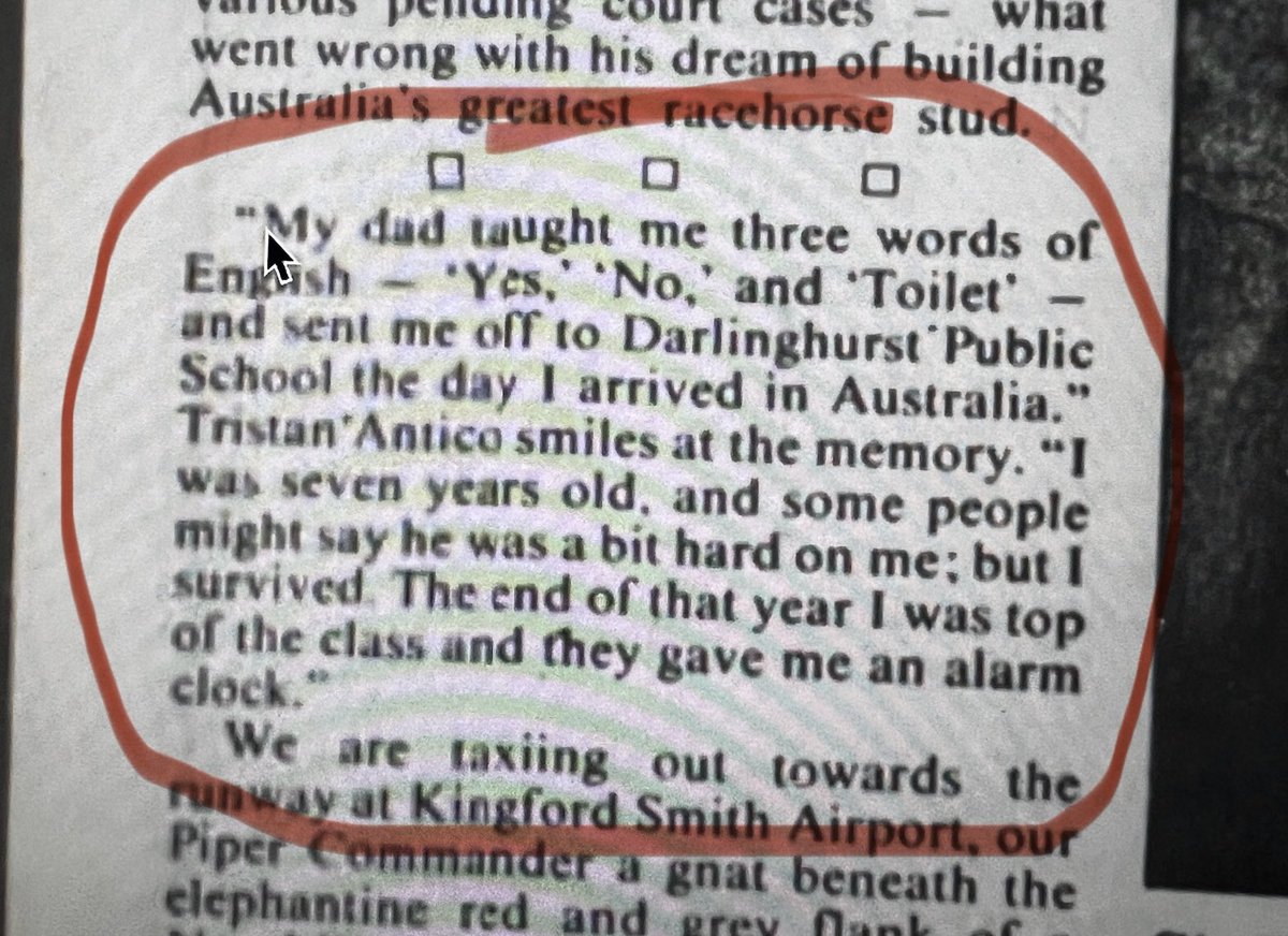 Surely one of the most delightful pieces of writing… Tristan Antico talks to journalist Ben Hills, a terrific scribe, in August 1991.