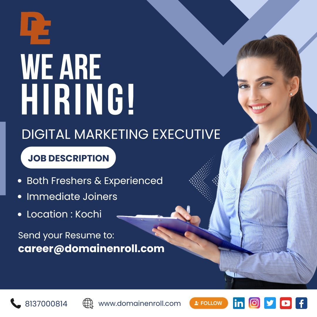 DomainEnroll's tweet image. We are hiring Digital Marketing Executive to join our team! Both freshers and experienced candidates are welcome to apply.. Please send your CV to
career@domainenroll.com
and follow us for updates.
Visit us: domainenroll.com
+91 8137000814
#job #hiring  #digitalmarketing
