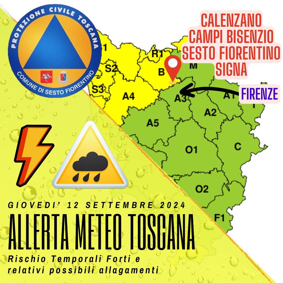 🟡 #AllertaMeteoTOS per possibili Temporali #12settembre in #Toscana nord-occidentale

#PCSesto #ProtezioneCivile #SestoFiorentino #Firenze #Arezzo #Grosseto #Livorno #Lucca #MassaCarrara #Pisa #Pistoia #Prato #Siena #11settembre