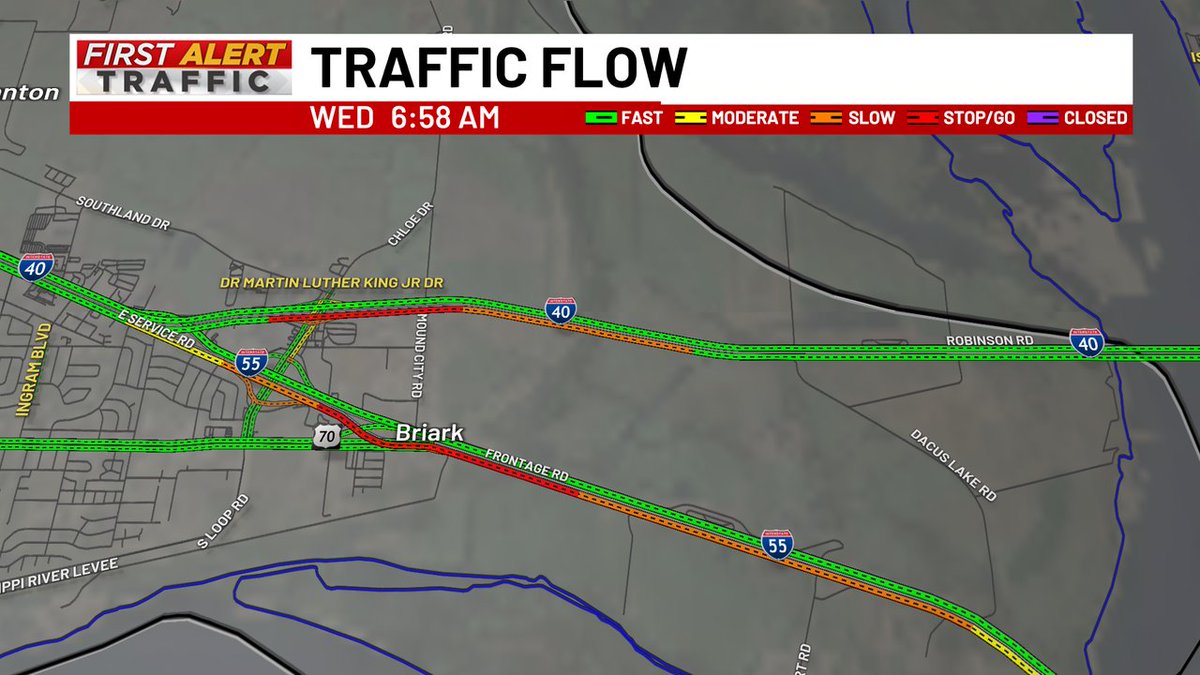 TRAFFIC ALERT: Heavy delays in Ark headed toward the I-40 (M Bridge) and I-55 (Old bridge) due to an early morning crash on 40 EB near Weigh Station - traffic backed up near Mound City. I-55 traffic is also stacked! Pack your patience!