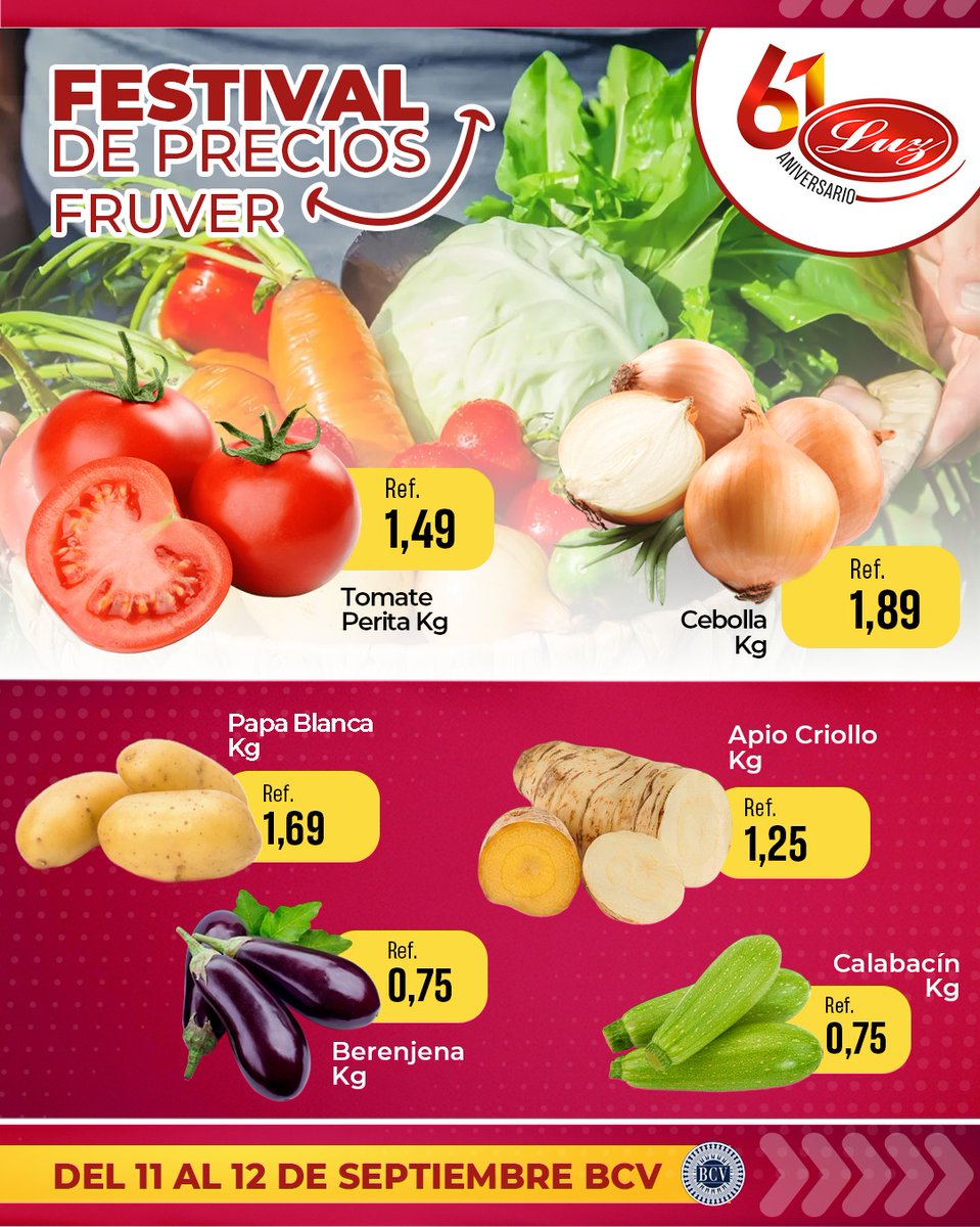 mercadosluzca's tweet photo. Visítanos y aprovecha del #FestivalDePrecios en fruver solo por el 11 y 12 de septiembre en todas nuestras sucursales.

#AutoMercadosLuz #LuzQuick #Septiembre2024 #Descuentos #Caracas https://t.co/N5j3qx8P4A