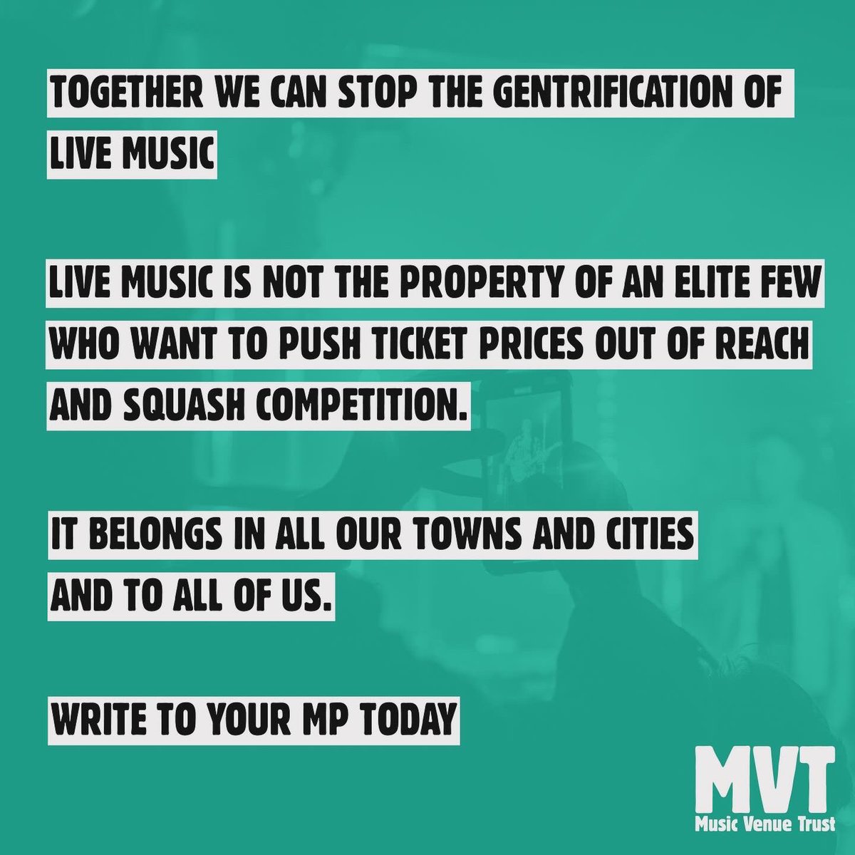 musicvenuetrust's tweet image. Live music is not the property of an elite few who want to push ticket prices out of reach and squash competition. You can change this. Write to your MP today and together we can stop the gentrification of live music: bit.ly/MVTgovernment