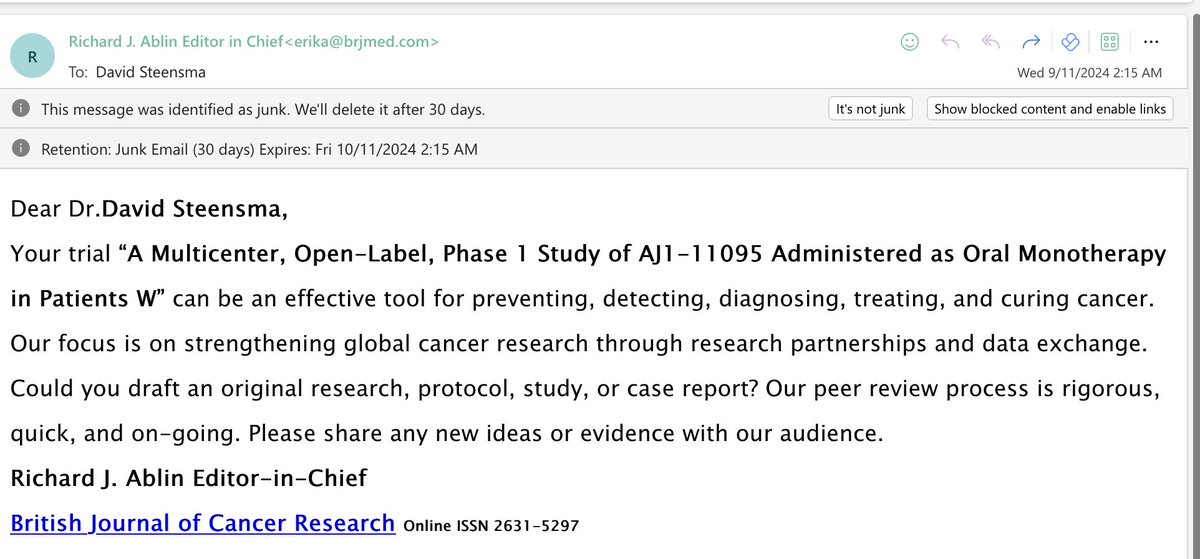 DavidSteensma's tweet image. I was a little surprised this morning to get a manuscript invitation from PSA discoverer Richard J. Ablin, given that he died in 2023.

(Journal is from Mak Periodical Library, which is on the list of "potentially predatory publishers": beallslist.net)

#PredatoryJournal