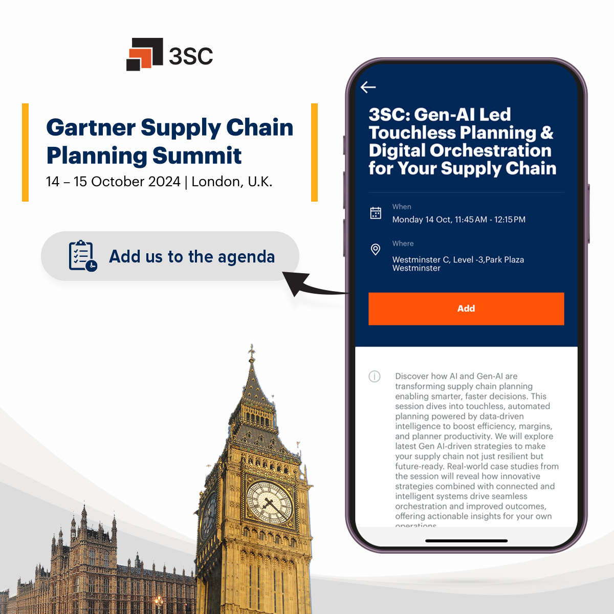 3SCIndia's tweet photo. Join us on Oct 14 at the Gartner Supply Chain Planning Summit! Discover Gen-AI Touchless Planning, digital orchestration, case studies &amp; actionable insights. Add us to your agenda today! 

#GartnerSummit #AI #SupplyChain https://t.co/vB123XedQL
