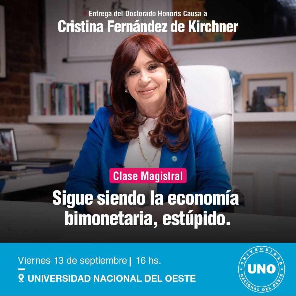 UNdelOeste's tweet photo. En la misma jornada se hará entrega del Doctorado Honoris Causa a la dra. Fernández de Kirchner por parte de las autoridades de la UNO.  Los esperamos. https://t.co/JDBVQw6Xg2