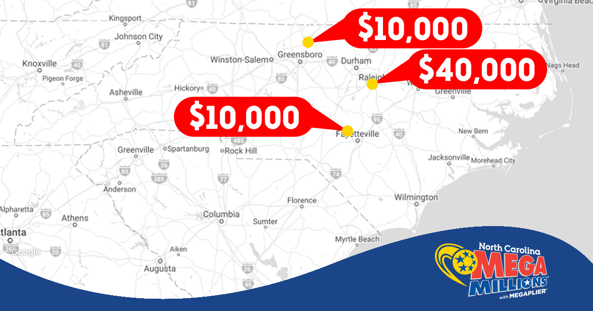 nclottery's tweet photo. Congrats to the big winners in last night's #MegaMillions drawing! Players purchased $10,000 prizewinning tickets from J Mart on Hwy 65 in #Reidsville and from Circle K on S. Bragg Blvd in #SpringLake. A ticket from GND Food Mart on New Bern Ave in #Raleigh won a $40,000 prize! https://t.co/eBQ0Y3cAYC