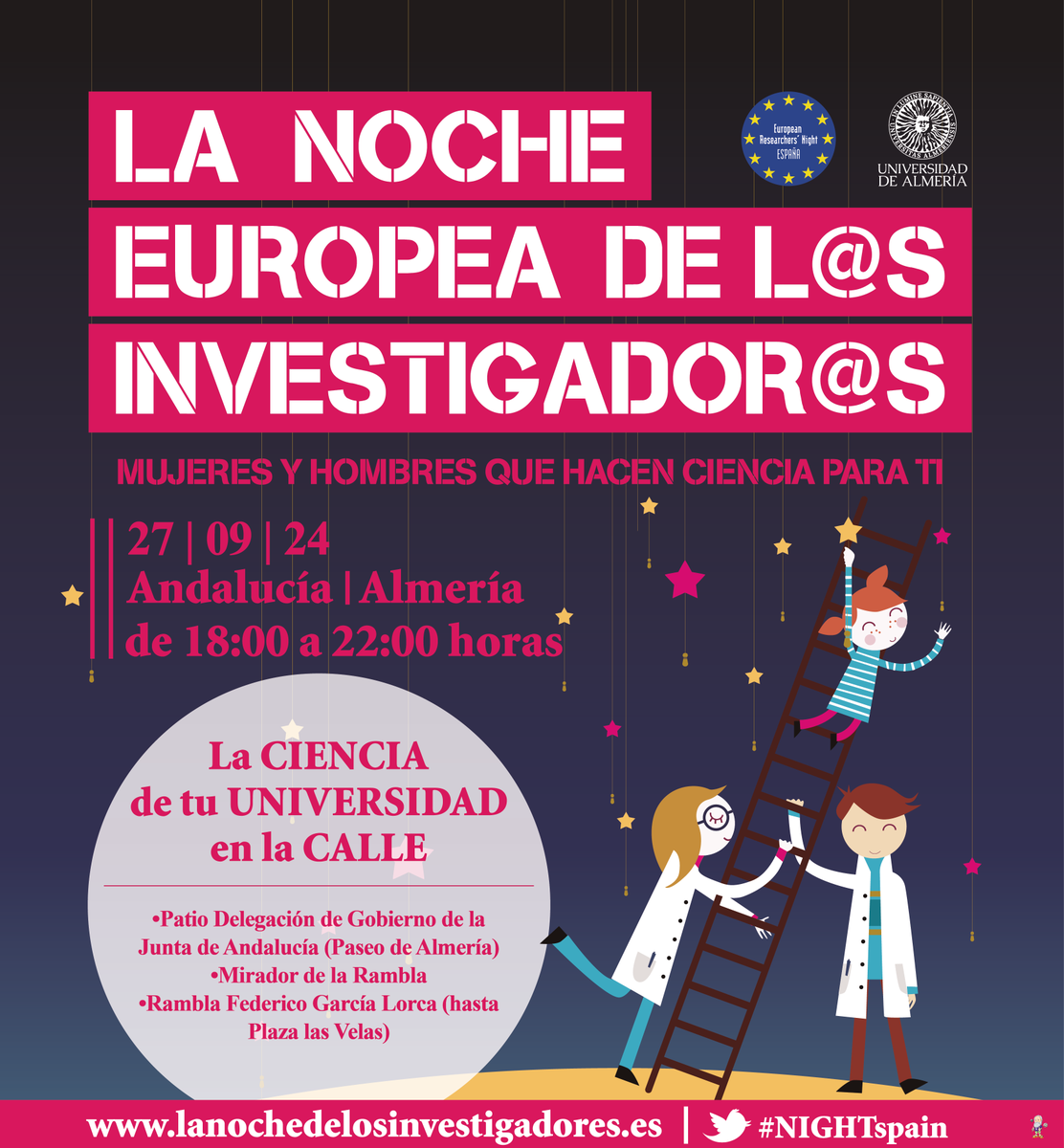 GalileoAlmeria's tweet image. El próximo viernes 27 de septiembre de 2024 se celebra en Almería La Noche Europea de los Investigadores (Researchers' Night), un acontecimiento europeo que tendrá lugar simultáneamente en más de 400 ciudades. 🇪🇺#NIGHTspain