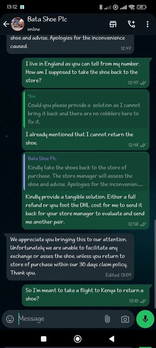 WanjiruAnna's tweet photo. @Batakenya I have honourably reached out to your team regarding a shoe that was bought in your store, provided images and the receipt as requested. Now you need me to book a flight to Kenya to return a damaged shoe? make it make sense. https://t.co/n9fDGgMc9D