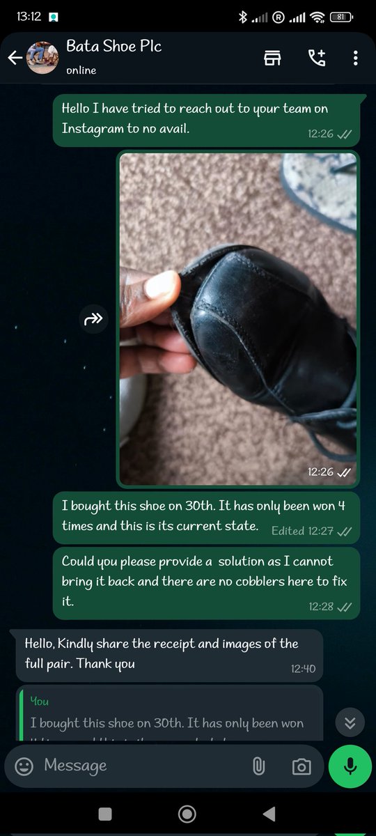 WanjiruAnna's tweet photo. @Batakenya I have honourably reached out to your team regarding a shoe that was bought in your store, provided images and the receipt as requested. Now you need me to book a flight to Kenya to return a damaged shoe? make it make sense. https://t.co/n9fDGgMc9D