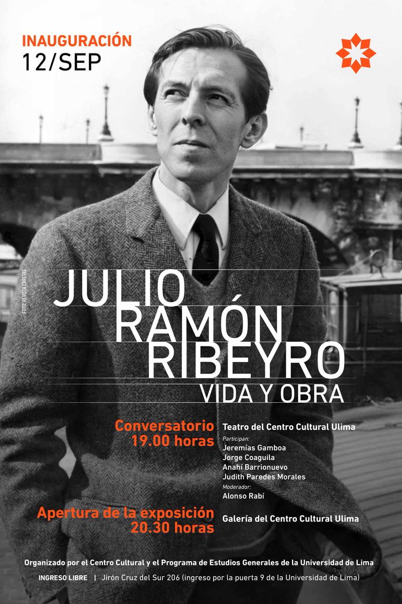 JudithParedesM's tweet photo. Amigas y amigos, el jueves 12 de setiembre estaremos hablando de la obra de Julio Ramón Ribeyro junto a Jeremías Gamboa, Jorge Coaguila, Anahí Barrionuevo y Alonso Rabi. También habrá una exposición en la Galería del Centro Cultural ULima.
Están invitados. ✨️ https://t.co/27injoFXeN
