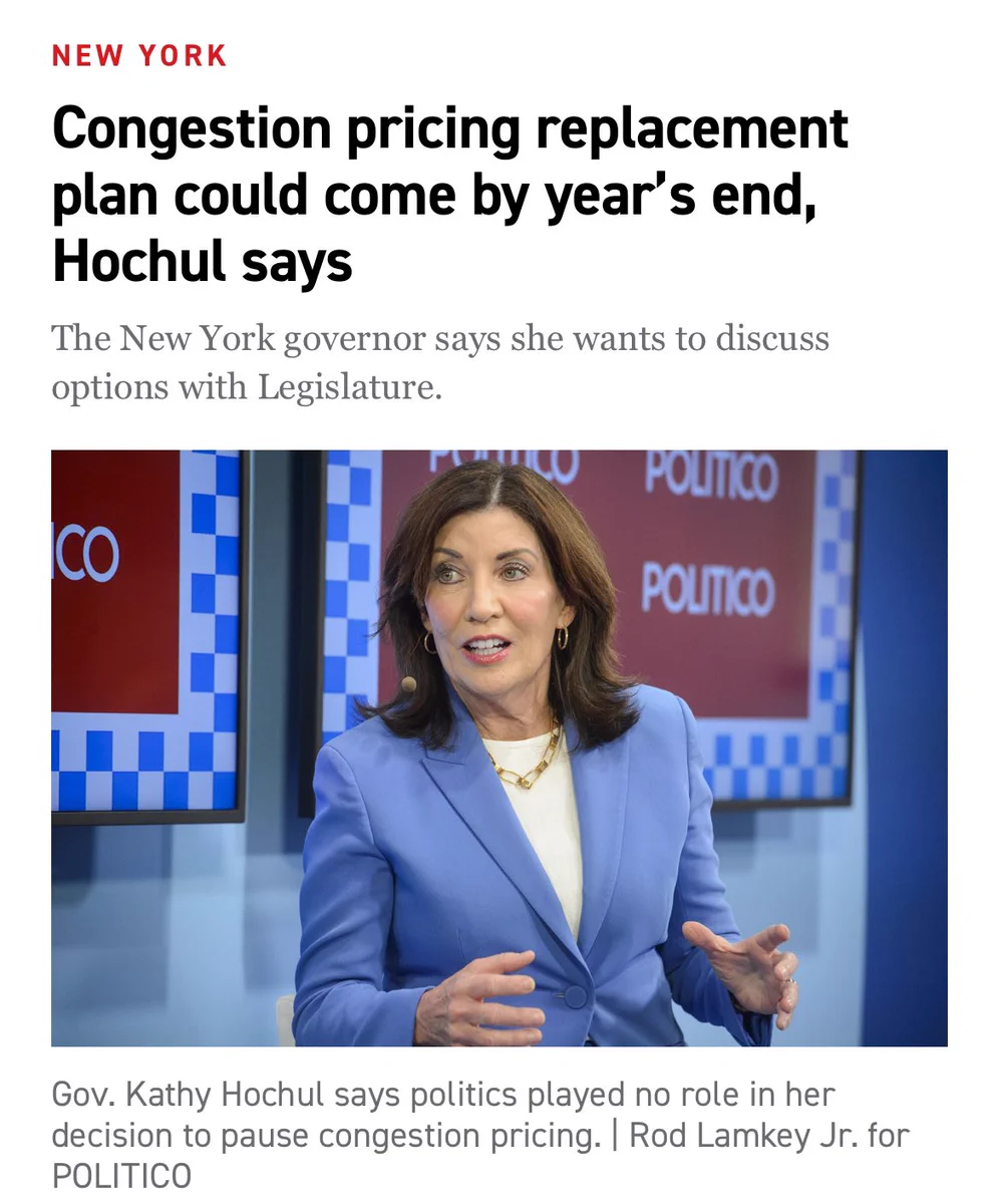 Politico headline reading: “Congestion pricing replacement plan could come by year’s end, Hochul says” above picture of Kathy Hochul