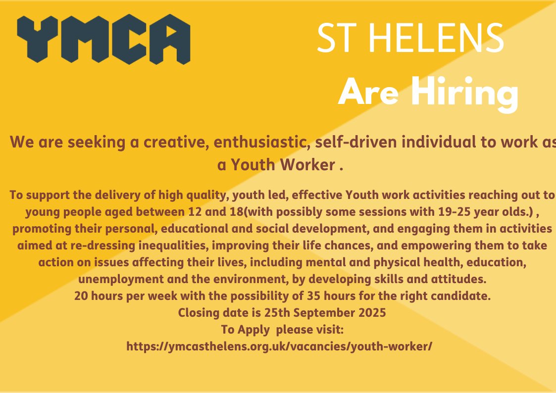 We are seeking a creative, enthusiastic, self-driven individual to work as a Youth Worker .
To apply please visit :
ymcastehelens.org.uk/vacancies/youth -worker/
#youthworker#youth#mersysideyouth#mersysidejobs#jobs#stHelensjobs#stHelensyouth