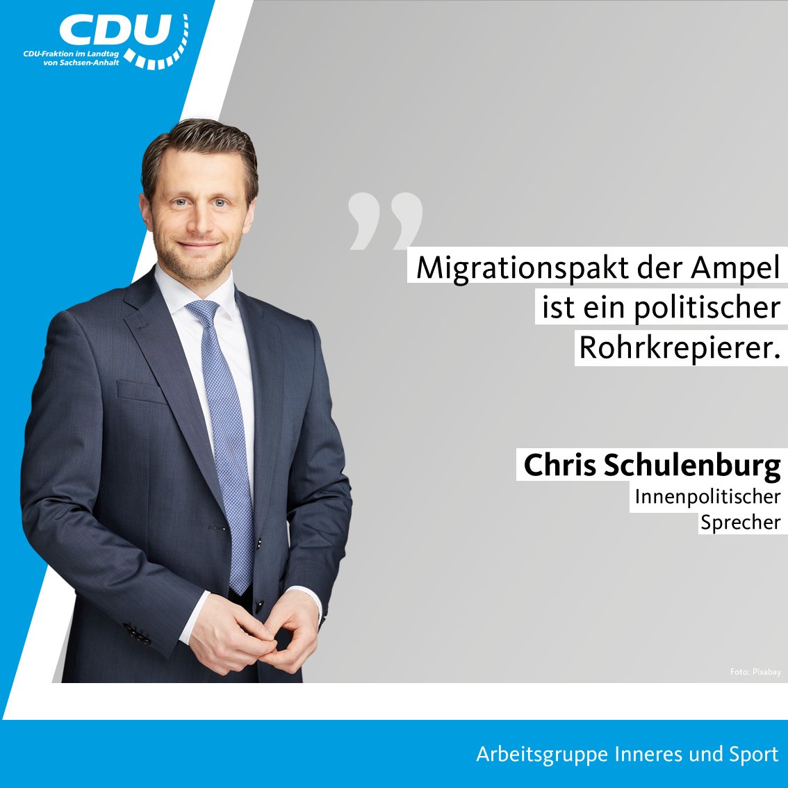 CDU-Fraktion LSA (@cdufraktion_lsa) on Twitter photo Chris <a href="/SchulenburgCh/">Chris Schulenburg</a>, innenpolitischer Sprecher, äußert sich kritisch über den #Migrationspaktder Bundesregierung und fordert echten Schutz an den #Grenzen und konsequente #Abschiebungennach Afghanistan und Syrien. Mehr dazu unter: cdufraktion.de/2024/schulenbu… Chris <a href="/SchulenburgCh/">Chris Schulenburg</a>, innenpolitischer Sprecher, äußert sich kritisch über den #Migrationspaktder Bundesregierung und fordert echten Schutz an den #Grenzen und konsequente #Abschiebungennach Afghanistan und Syrien. Mehr dazu unter: cdufraktion.de/2024/schulenbu…