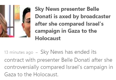 PoAngielsku's tweet photo. If Israel is committing genocide, why is @skytv firing Belle Donati for comparing it to the Holocaust. It's exactly the same. How else to describe a situation where 1 country systematically obliterates another? Shame on Sky News. #IsraelTerroristState #Genocide #holocaust https://t.co/PRYJbyg2p8