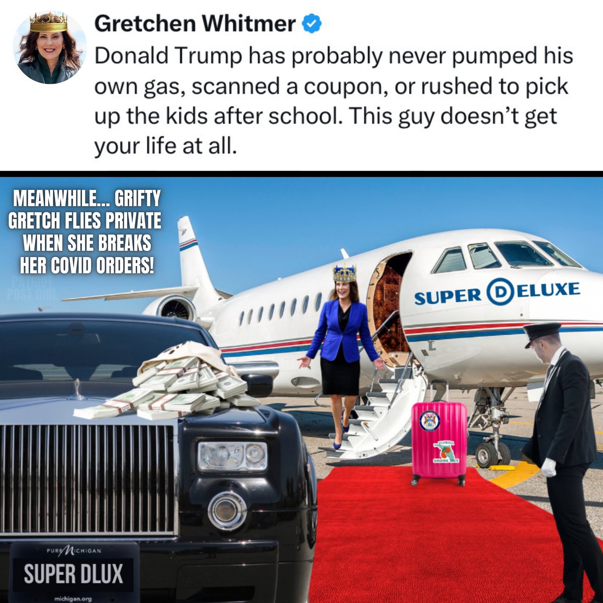 PatriotPostGirl's tweet photo. I’m old enough to remember when millionaire Governor Whitmer told Michiganders not to pump gas or travel, while she took a private jet to Florida. 

#Rules4TheeButNot4Thee
#TheQueenFliesPrivate https://t.co/cfoOrqJ4Ao