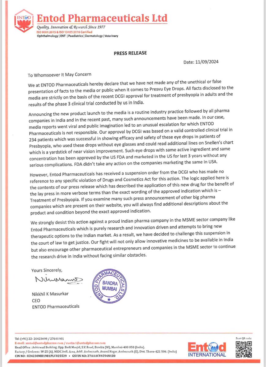 EntodPharma's tweet photo. Our response to the suspension of the permission of #presvu by the Indian Drug Controller. 

#911dayinindianpharma #indianresearch #innovateinindia https://t.co/2GW7HnTJm6