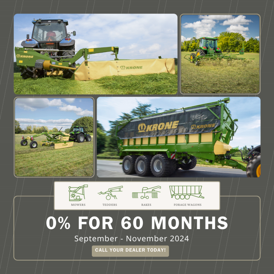 It’s time for KRONE’s biggest finance special of the year! KRONE is offering 0% for 60 months on mowers, tedders, rakes, and forage wagons until November 30th, 2024. Don’t miss out on this amazing deal!