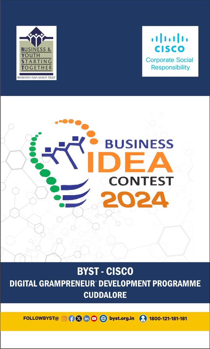 Join the BYST-CISCO Digital Grampreneur® Development Program for the Launch of the Business Idea Contest (BIC) on September 13, 2024, at Abdul Kalam Hall, C. Kandaswami Naidu College, Cuddalore. to promote innovation and entrepreneurship among rural youth. 
#entrepreneurship