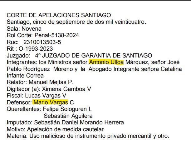 tv_monica's tweet photo. No es cosa del pasado, es algo GRAVE que sigue pasando. Hace 6 días apenas, en una causa en contra del abogado Sebastián Morando querellado y con denuncias de clientes por estafa, apropiación indebida y falsificación de documentos se discute la Prisión Preventiva. 
ABOGADO: Mario Vargas. (Mismo que quería  destruir los chats de Hermosilla y que trabajaba con Hermosilla quien a su vez tb está ligado a Ulloa)  
FALLA: Antonio Ulloa. (Y 2 jueces más)
Ulloa no se inhabilita a pesar de su cercanía con Mario Vargas y vota a favor del representado de Vargas. @cnnchile