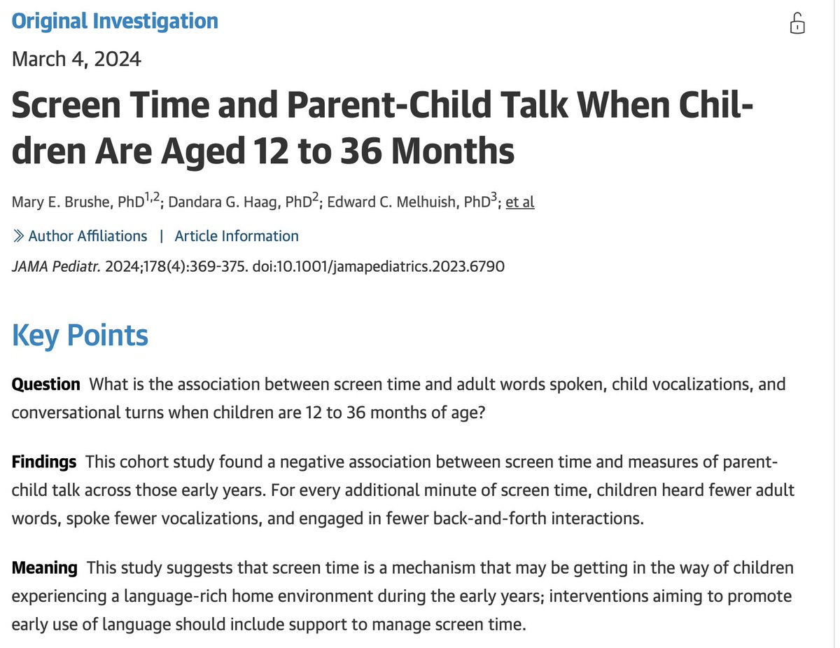 This is a valuable new study on the impact of technology on early language development from Oz. Screen-time can negatively impact quality talk &amp; back &amp; forth interactions. The concept of 'technoference' is catchy &amp; would be useful to explore further. 

jamanetwork.com/journals/jamap…