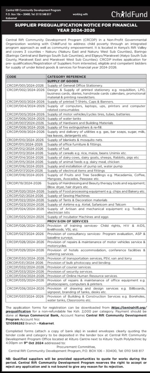 📢 Center Rift Community Development Program is now accepting Pre-qualification applications for suppliers ! Download the form here:centralrift.org/prequalificati… Submit completed forms by 4:00 PM, 9th Oct 2024. Don’t miss out! #SupplyChain #Procurement