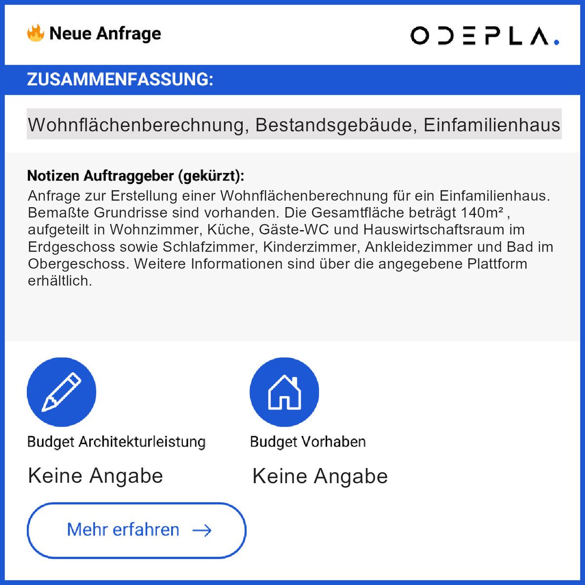 🏠 Wohnflächenberechnung für Einfamilienhaus gesucht! 140m² (EG: Wohn, Küche; OG: Schlaf, Kinder, Bad). Bemaßte Grundrisse vorhanden. ➡ Kontakt: app.odepla.de/register