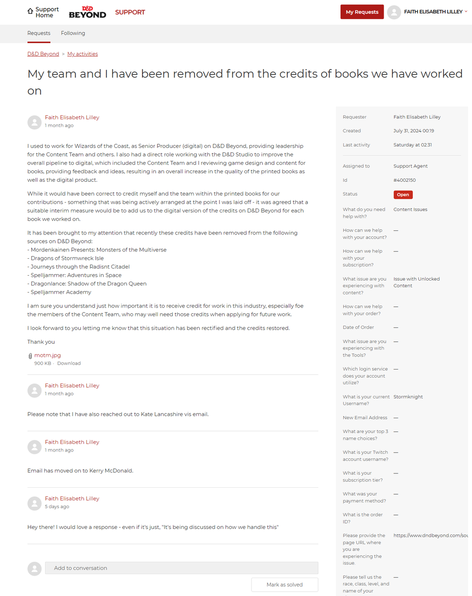 stormknightUK's tweet photo. UPDATE ON @Wizards_DnD REMOVING CREDITS FROM @DnDBeyond 

On 31st July 2024 I created a D&amp;D Beyond support ticket and sent an email to the HR team. My email was forwarded on through HR up to Kerry McDonald (HR Director) on 8th August. https://t.co/ZkO8PfXptB