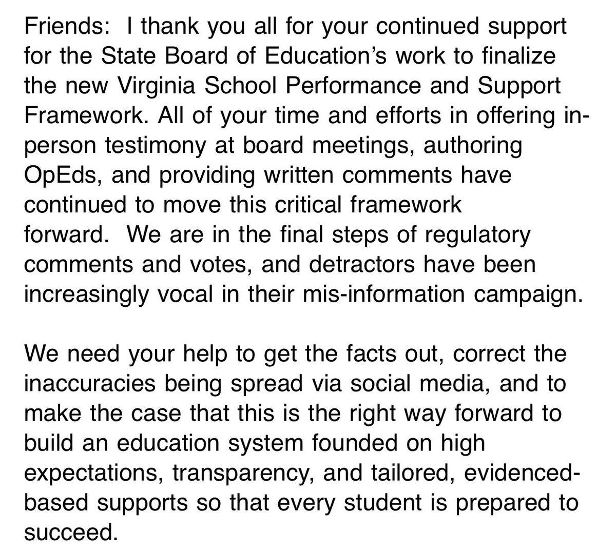AnnaBryson18's tweet photo. State Secretary of Education Aimee Guidera sent a message to the admin’s edu stakeholders asking them to tweet &amp; refute what she calls a “mis-information campaign” against the state’s new school accountability system, which will likely label most of Va’s schools as “off track” https://t.co/M9Fk3wYTdE