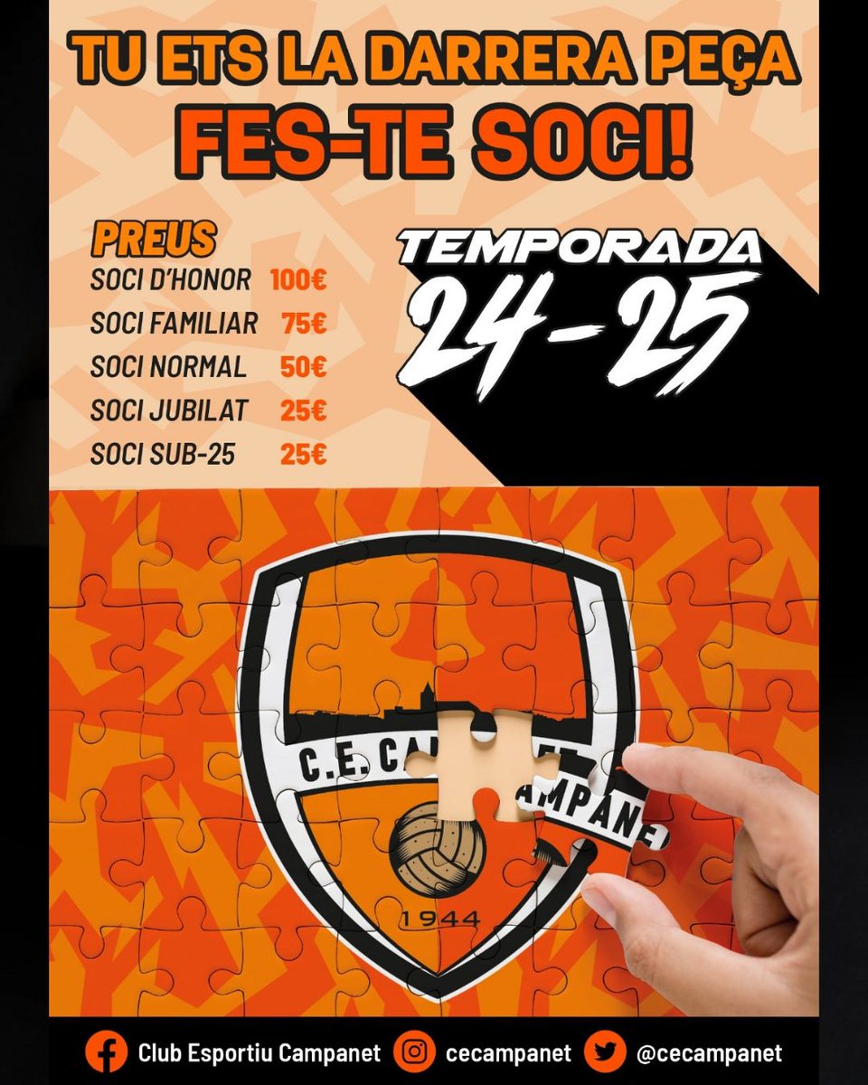 CAMPANYA SOCIS 24-25 🟠⚫
Diumenge aprofitant el primer partit de lliga del 1a Regional posarem taula per renovació o nova alta. 
Vos hi esperam 🪪 🆕 
Ets la darrera peça 🧩 que falta ! 
Fes-te soci 🫶🏽