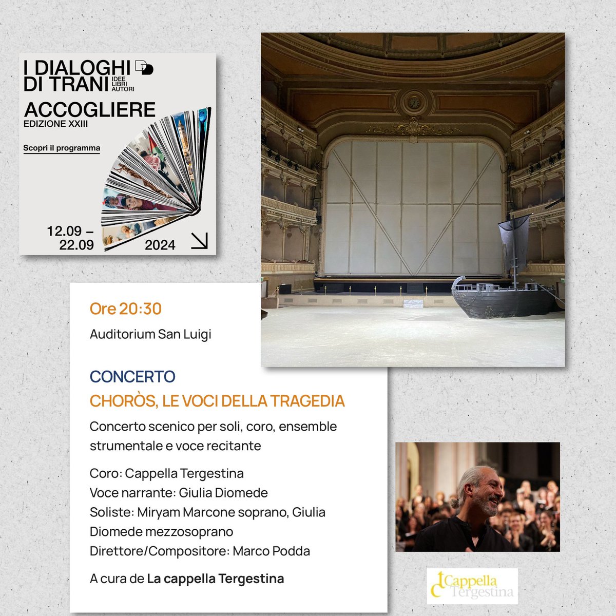 CTergestina's tweet photo. Choròs, le voci della tragedia
Concerto scenico per soli, coro, ensemble
di M° Marco Podda
Sabato 21/09 h 20:30
Auditorium San Luigi - Trani 

Ingresso libero, prenotazione su https://t.co/EMWecA7PSs https://t.co/BJU94k1VHr
