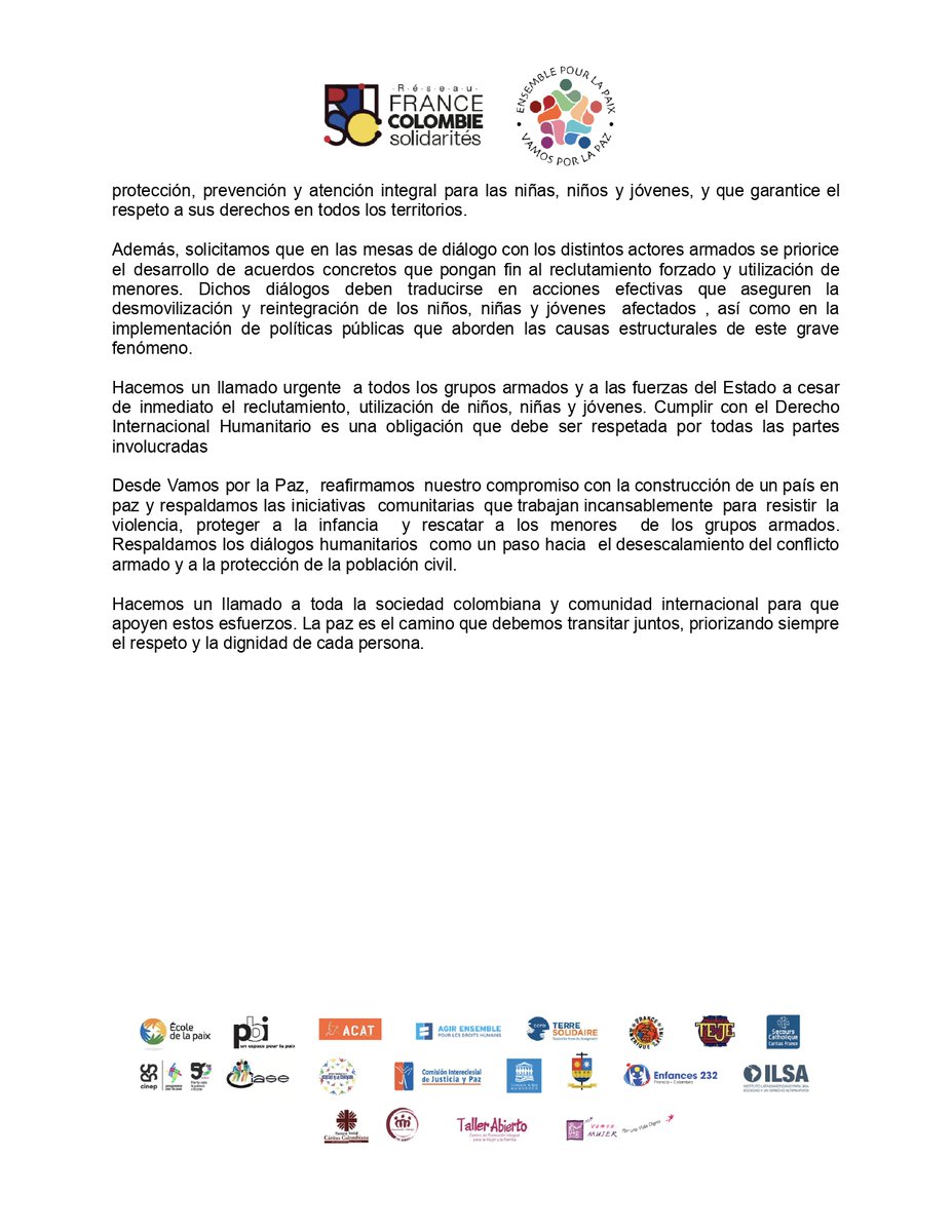 📄[#Comunicado] <a href="/VamosPaz/">Vamos por la paz - Ensemble pour la paix Colombie</a> rechaza el reclutamiento forzado y utilización de niñas, niños, adolescentes y jóvenes y exige al Gobierno Nacional acciones inmediatas.

🔗 Lee el comunicado completo: drive.google.com/file/d/1mJsKc3…