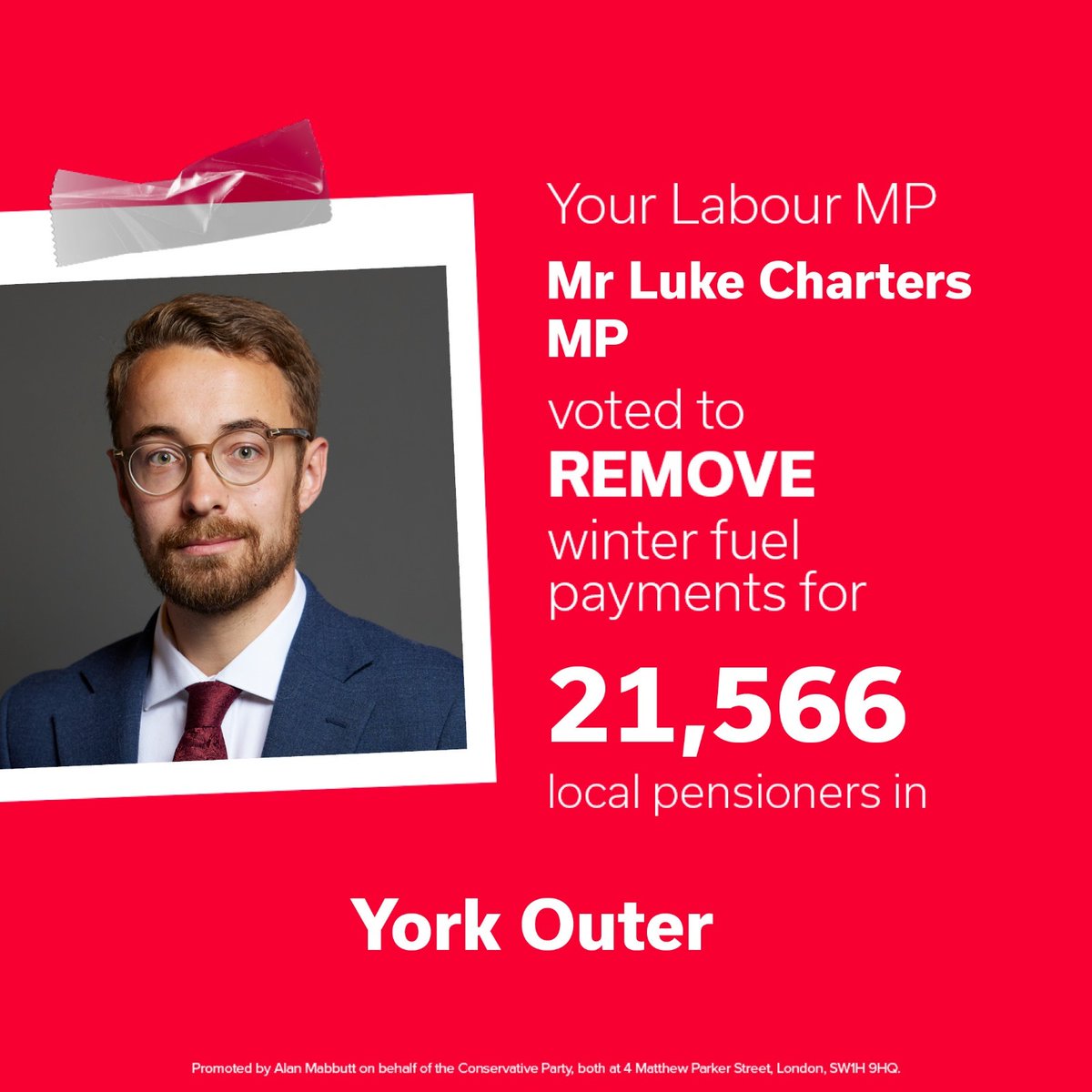 ConservativesYO's tweet photo. Another broken promise from the Labour MP for York Outer.

21,566 pensioners in York Outer will lose their Winter Fuel Allowance as energy bills are expected to rise 9% next month. 

It is clear Luke Charters only works for the Labour whips and not his constituents. https://t.co/oco5aK9Sgo