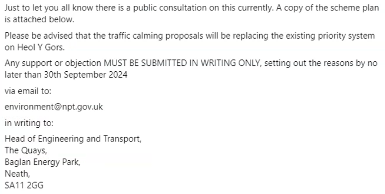 Sarah4Society's tweet photo. PROPOSED TRAFFIC CALMING MEASURES, HEOL Y GORS - CWMGORS
Just to let you all know there is a public consultation on this currently. 
A copy of the draft order, plan and statement of reasons can also be viewed on the Council’s Internet Website:
https://t.co/pGFQszdYPA https://t.co/lpGIeEURuH
