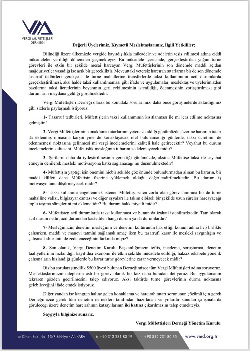 Taksi kullanımı, harcırah ve konaklama tutarlarına ilişkin Derneğimizin açıklamasıdır.

<a href="/HMBakanligi/">T.C. Hazine ve Maliye Bakanlığı</a> 
<a href="/vdksosyalmedya/">Vergi Denetim Kurulu Başkanlığı</a>