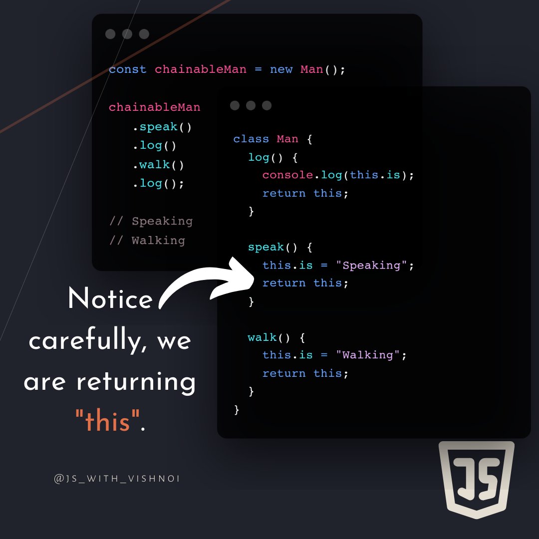 vishnoi_js's tweet image. JavaScript Tip 💡. Follow: @vishnoi_js
.
Method Chaining in JavaScript
.
#javascript #javascriptdeveloper #javascriptdevelopment #js #react #reactjs #reactdeveloper #reactdev #web #developer #coder #coding #programmer #programming #learning #frontend #frontenddeveloper