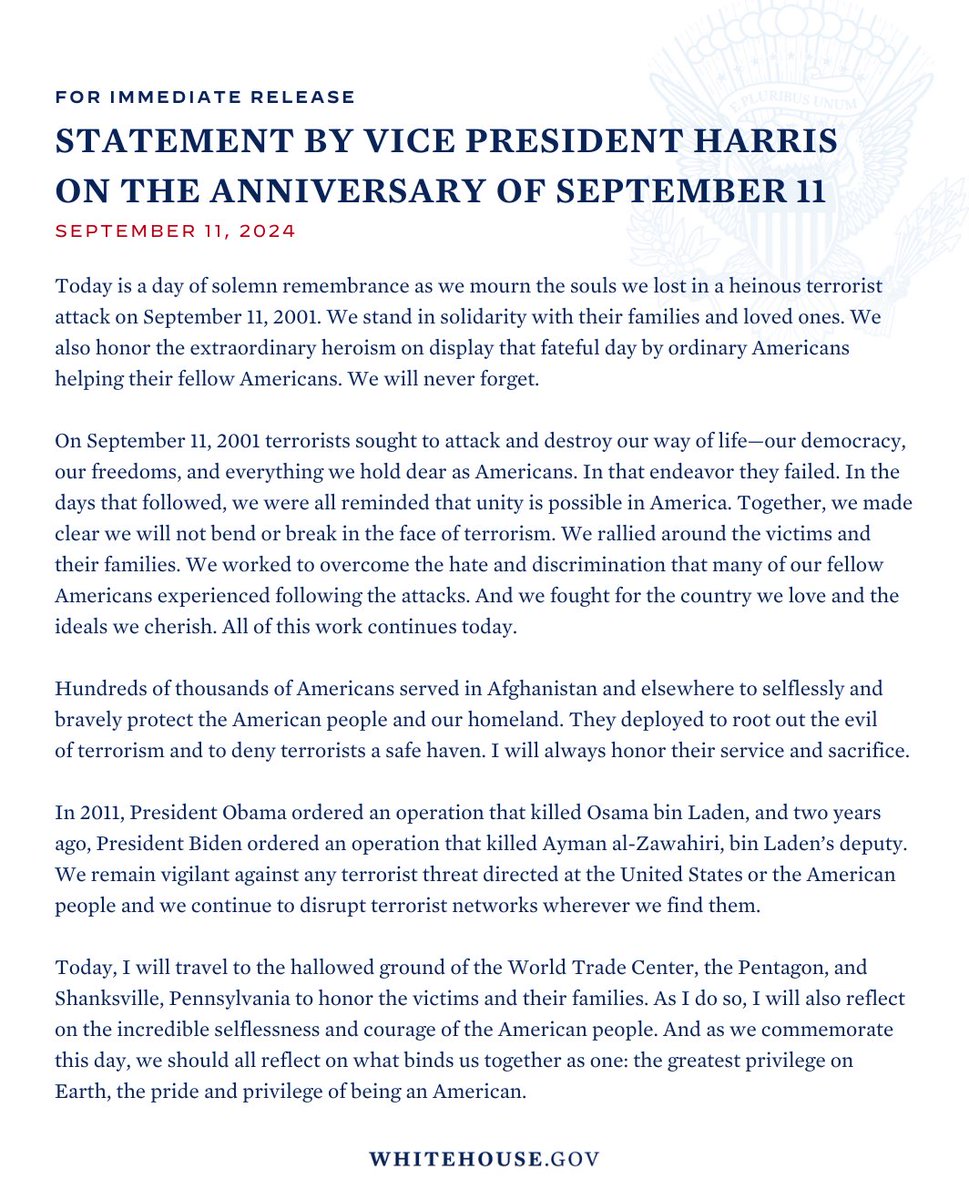 VP46Archive's tweet image. Today is a day of solemn remembrance as we mourn the souls we lost in a heinous terrorist attack on September 11, 2001.

We stand in solidarity with their families and loved ones. We also honor the extraordinary heroism on display that fateful day by ordinary Americans helping…