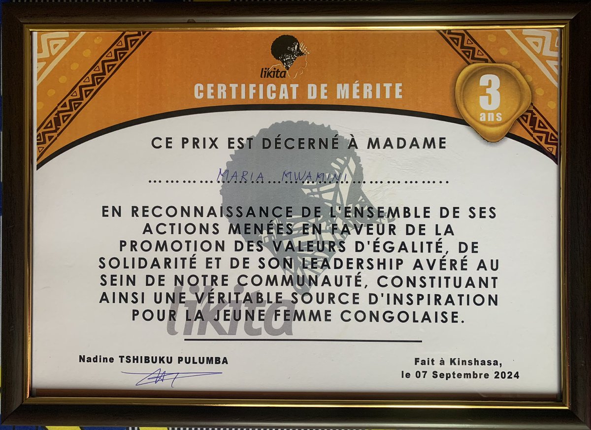 MwaminiMaria's tweet photo. Grande est ma joie de vous annoncer que j’ai reçu un certificat de mérite au nom de la @muke_mwema en reconnaissance des actions menées pour la promotion de la FEMME👩🏾‍🦰🇨🇩.

Merci à Tous car Ensemble nous constituons une force.
#Vive_La_Femme
#Femme_Tu_Peux_Tout https://t.co/XAN4AUjZRT