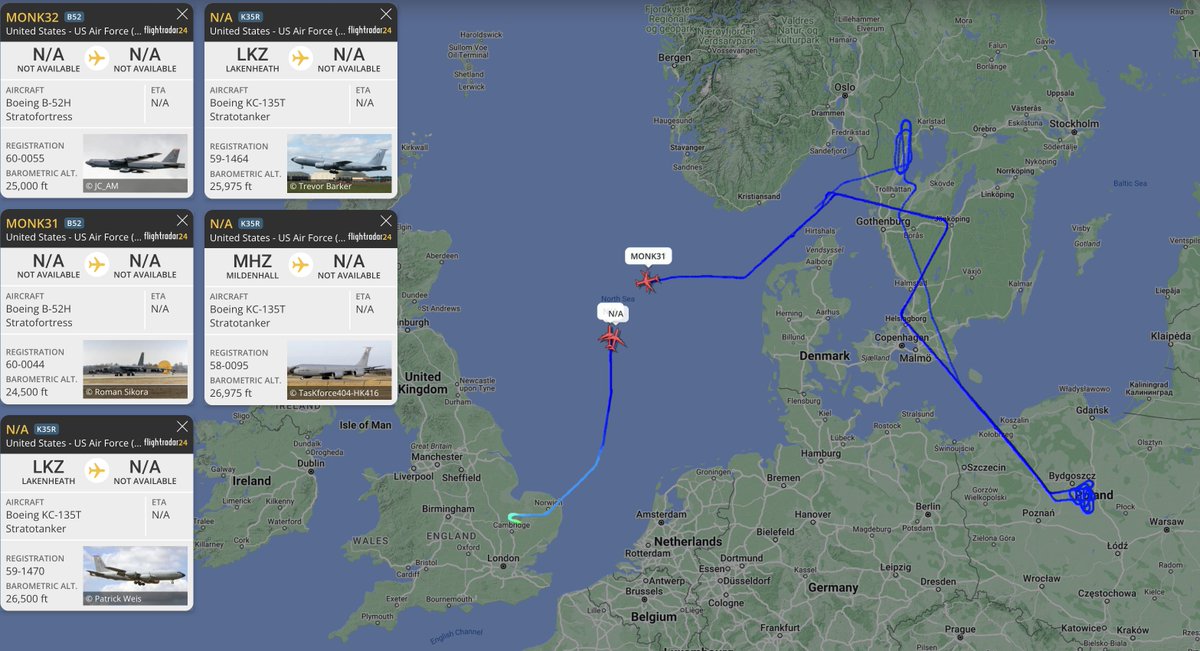 alternativewip's tweet photo. #USAF 2x B-52H stratofortress seen over europe, aircraft currently over the north sea heading west. #MONK31 #MONK32 #AE5890 #AE5889
3x KC-135 stratotankers also seen in the area, looking to be on AAR support, departures from mildenhall. #AE04C3 #AE0659 #AE04FD https://t.co/aVoebjFvA4
